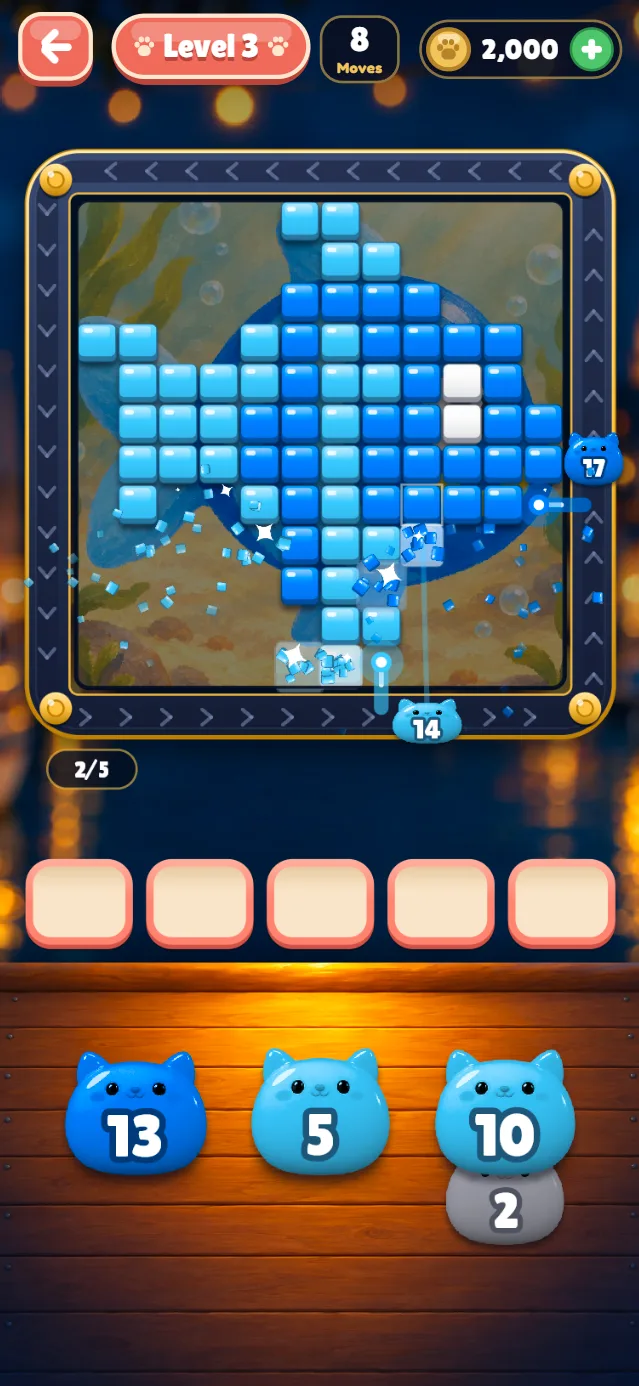 A pixel fish half popped, with paint pots riding the belt around the board