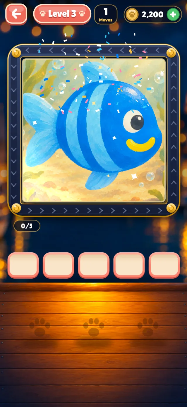 A finished level: a painted blue fish revealed under the cleared blocks, with confetti