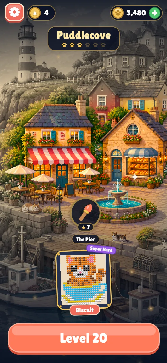 The harbor town of Puddlecove, half restored to full color